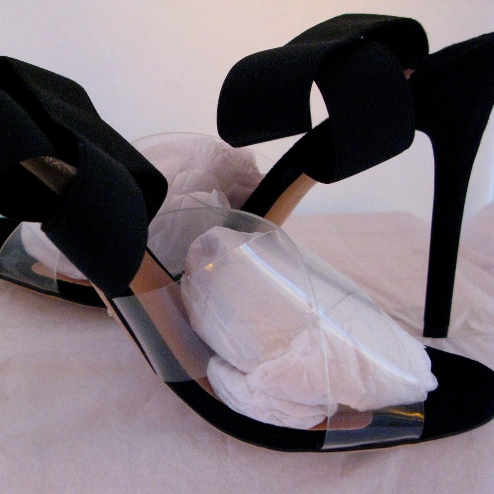 KAMI Brand Clear Vinyl on Black Kid Suede - Size 9